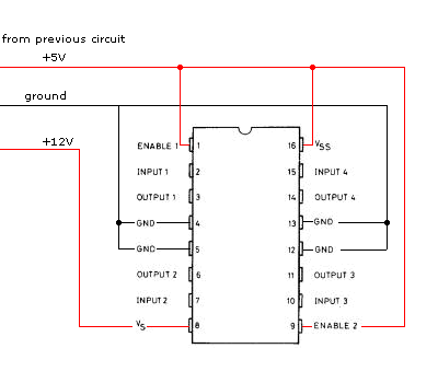 Power supply connections into the L293D
